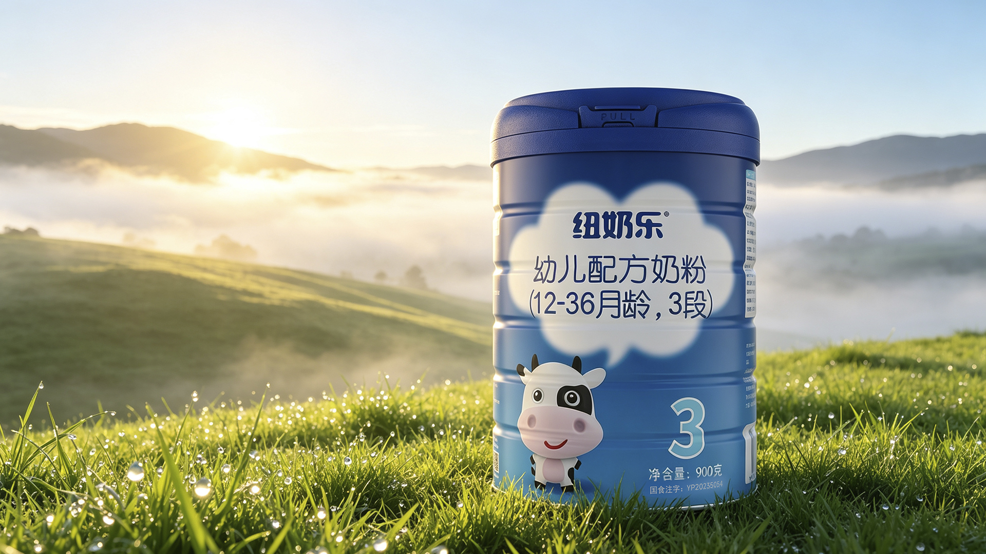 新西兰草原牧场与纽奶乐产品罐体正面——新西兰原装进口,干湿法混合工艺生产
