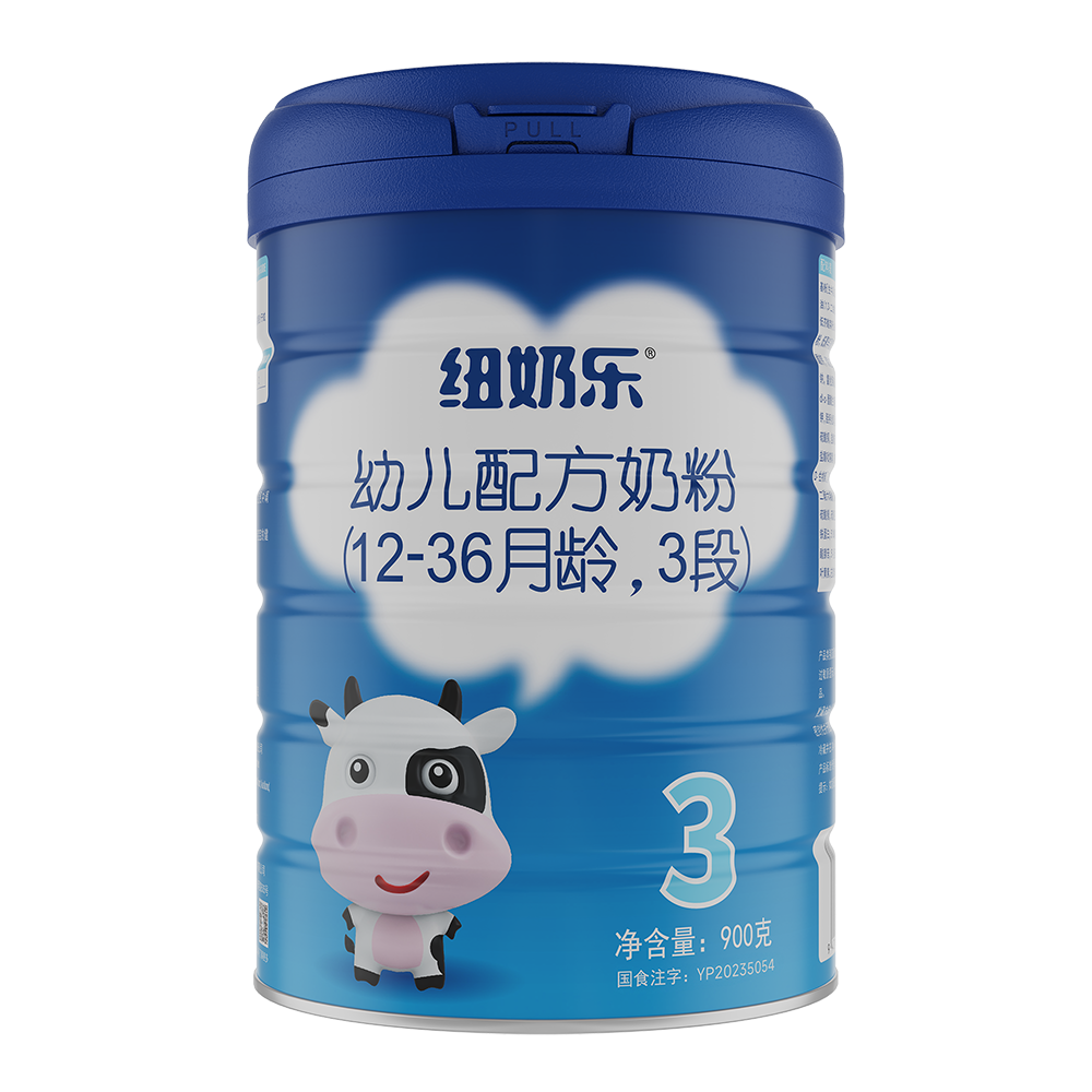 纽奶乐幼儿配方奶粉 3 段 900g 罐体,适用 12-36 月龄,注册号国食注字 YP20235054